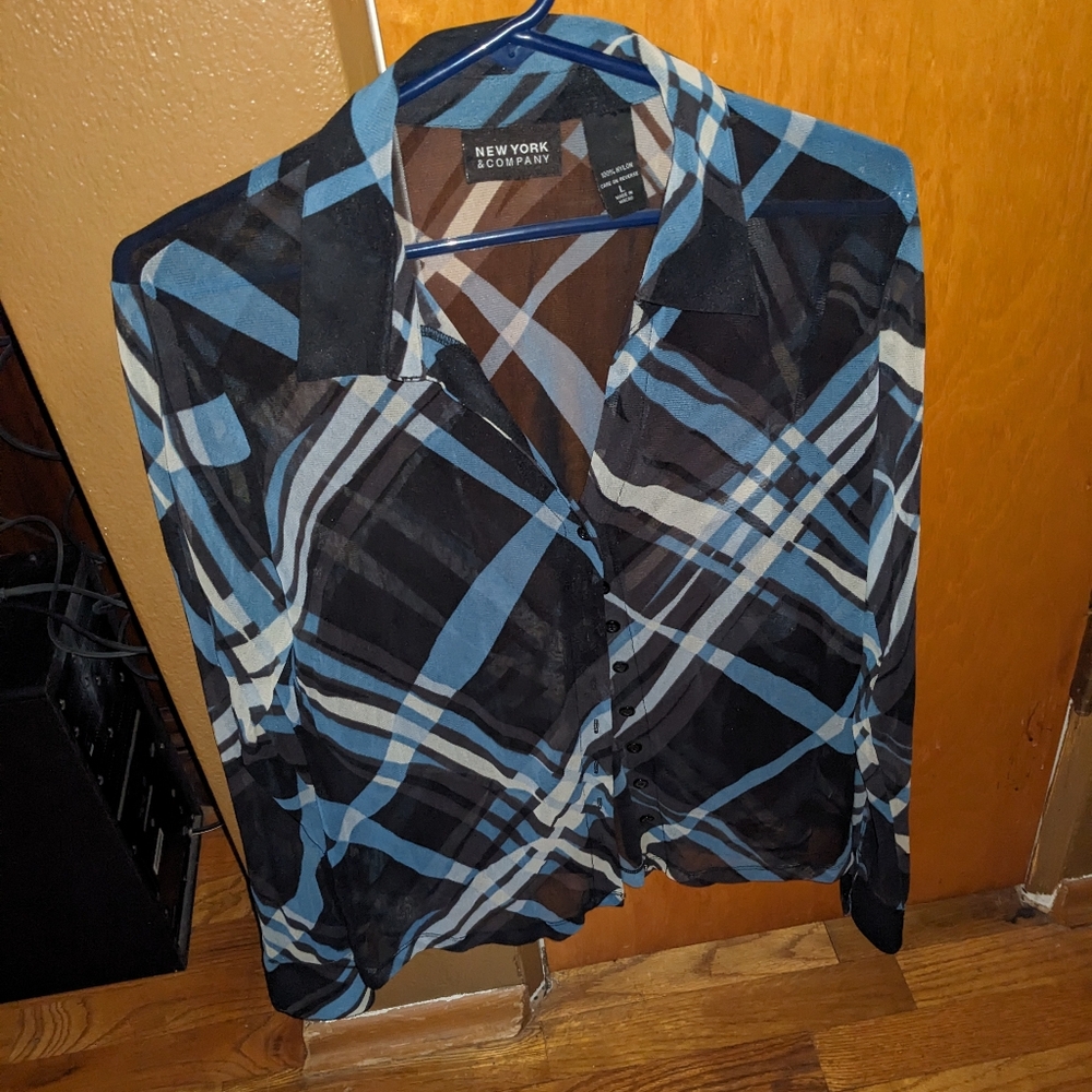 Women's Vintage New York & Co Sheer  Blouse Button Up L/S
